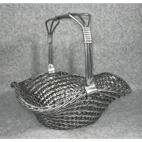 Vintage America Other - VTG Silver Tone Metal Woven Wire Basket With Fold Down Handle Decor Centerpiece
